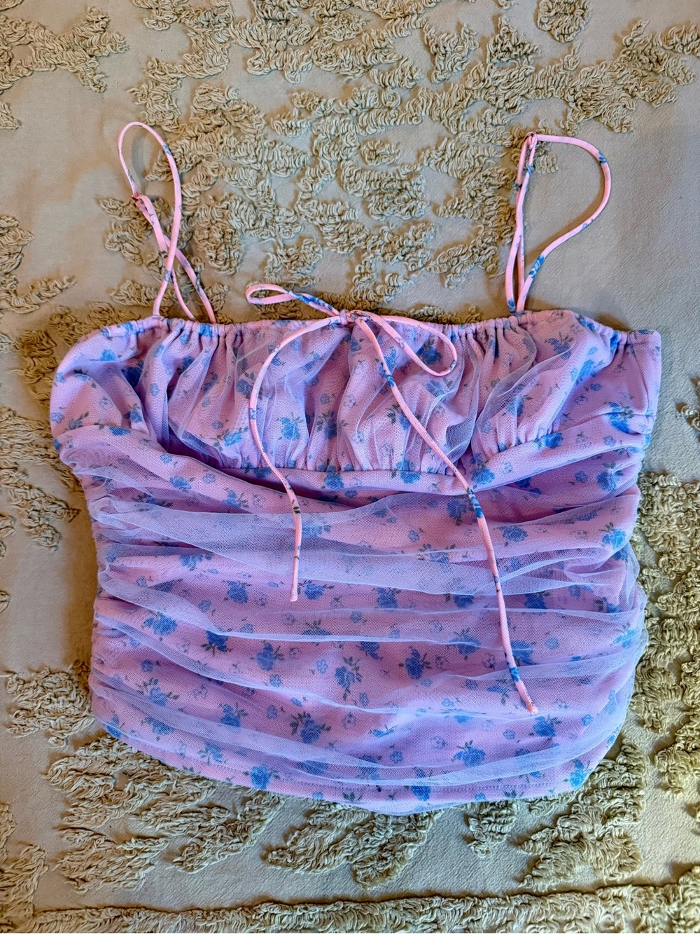 NWOT Tyler McGillivary Sofia Top Pink Floral Mesh Ruched Camisole